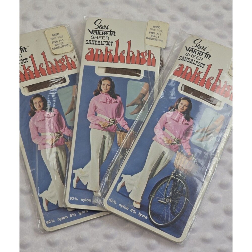Vintage Sears Stockings Lot 3 Sheer Sandalfoot Ankle High Sandstone One Size New